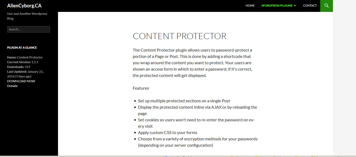 Screenshot of the Content Protector page on this website. Note the "Plugin At A Glance" widget in the sidebar